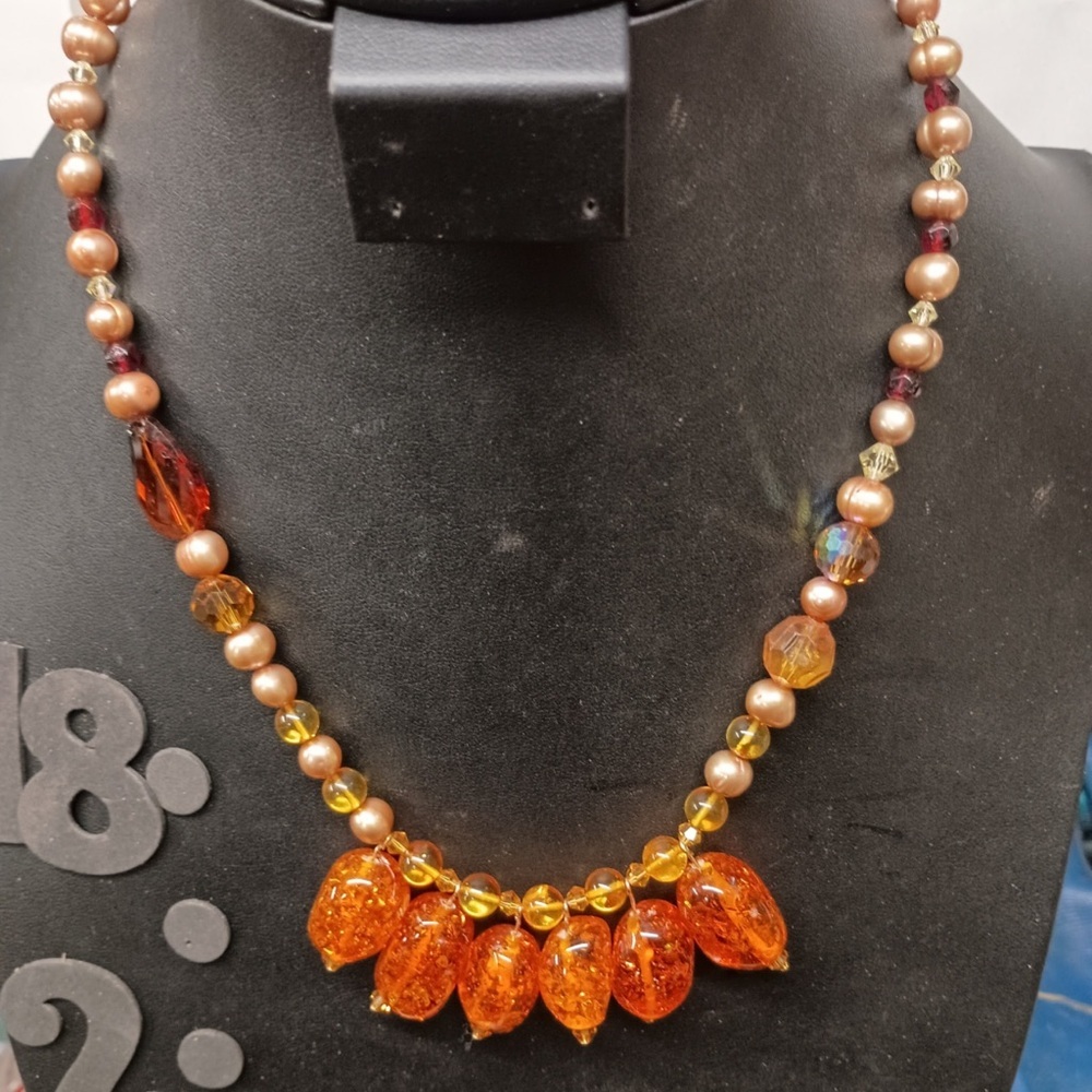 Artisan Genuine Amber Crystal & Fresh water pearl Necklace